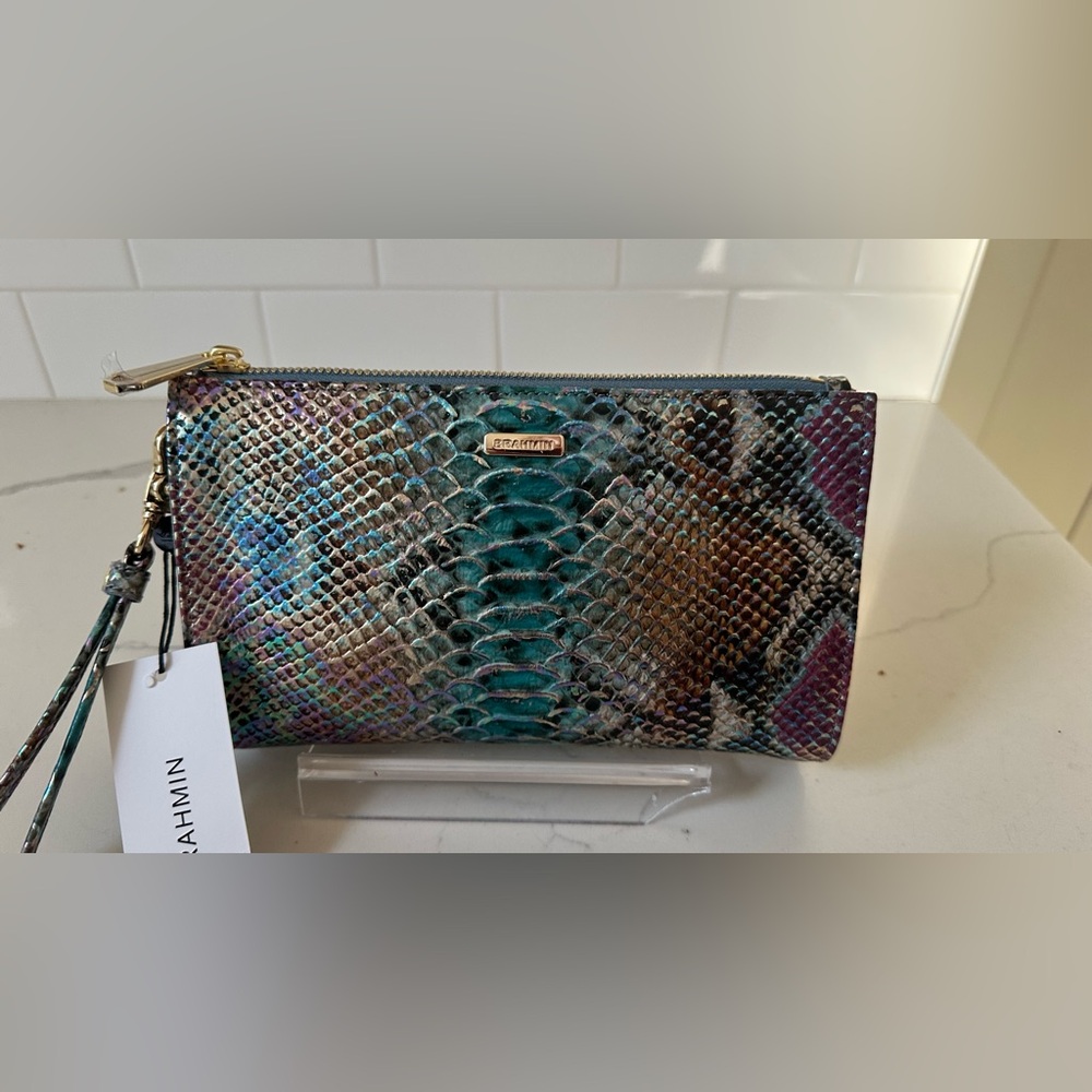 Brahmin Daisy Iridescent Snake Print Clutch